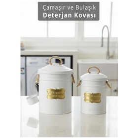 Resim 2'li Set Deterjan Kovası Çamaşır Bulaşık Kutusu Ölçekli Galvaniz Metal Beyaz Beyaz 