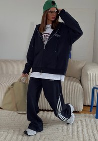 Resim Gia Collection Kadın Oversize Eşofman Takımı Vision Baskılı Lacivert - Kapüşonlu Fermuarlı, Bağcıklı Bel, Boru paça 