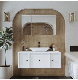 Resim Çanak Lavabolu Mat Mdf 120 Cm Banyo Dolabı + Aynalı Dolabı Beyaz Mat Beyaz 