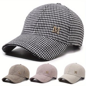Resim Tüm Mevsimler İçin Şık Houndstooth Desenli Beyzbol Şapkası, Pamuk, Hafif, Dokuma, Esnek Olmayan, Yalnızca El Yıkama - Unisex Şık Casual Ördek Gagası 