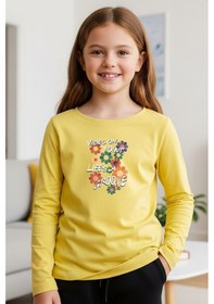 Resim Yuvarlak Yaka Renkli Çiçek Baskılı Kız Çocuk Sweatshirt Sarı 
