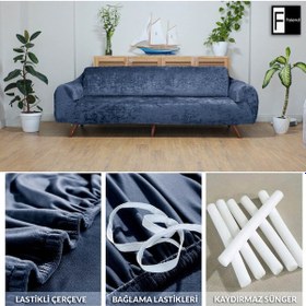 Resim Kadife 3 3 1 1 Petrol Mavi Lastikli Kanepe Örtüsü Lastikli Koltuk Örtüsü Koltuk Kılıfı Pembe 