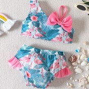 Resim 2 adet Toddler Kız Bikini Tankini Mayo Flamingo Grafik Bow Asimetrik Boyun Üstü ve Ruffle Trim Şort Set Çocuklar Yaz Plaj Giysileri Mayo 