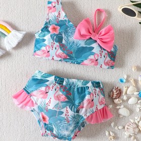 Resim 2 adet Toddler Kız Bikini Tankini Mayo Flamingo Grafik Bow Asimetrik Boyun Üstü ve Ruffle Trim Şort Set Çocuklar Yaz Plaj Giysileri Mayo 