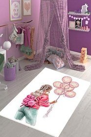 Resim Pelangi Genç Kız Balon Desenli Çiçekli Halı Dijital Baskı Yıkanabilir Kaymaz Taban Kız Çocuk Odası Halısı, Renkli 40 x 40 