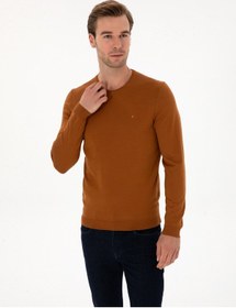 Resim Cacharel Karamel Slim Fit Yün Karışımlı Bisiklet Yaka Basic Triko Kazak Kahverengi 