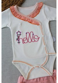 Resim 3-6 6-9 9-12 Ay Hello Nakışlı Kruvaze Bandanalı Uzun Kollu Zıbınlı 3lü Kız Bebek Takımı Somon Somon 