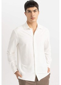 Resim DeFacto Modern Fit Polo Yaka Basic Düz Krinkıl Uzun Kollu Beyaz Gömlek B7384AX24SPWT34 