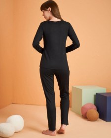 Resim Pjs Kadın Viskon 4 Mevsim Kumaş Düğmeli Uzun Kollu Pijama Takım Siyah 