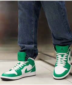 Resim Nike Air Jordan 1 Mid Leather Sneaker Hakiki Deri Bilekli Günlük Spor Ayakkabı Beyaz Yeşil 