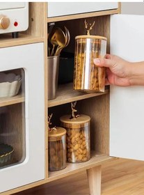 Resim 3'lü Borosilikat Cam Geyik Figürlü Şık Çizgili Cam Kavanoz Mutfak Seti 500-750-1000 Ml Şeffaf 