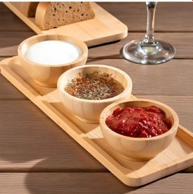 Resim Doğal Bambu Standlı 3'lü Yuvarlak Sosluk Ve Çerezlik Seti 20x6,5 Cm - Kahvaltılık İkramlık Takımı Açik Gri 