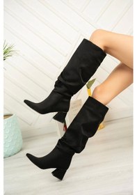 Resim Syt-2002 Siyah Süet Körüklü Kalın Topuklu Günlük Bayan Çizme Çok Renkli 