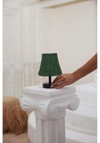Resim Yeşil Rattan & Bambu Masa Üstü Kablosuz Pilli Abajur Masa Lambası Alt Ayak Siyah 