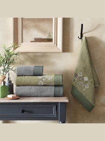 Resim Taç Lordly Etnik Desenli%100 Pamuk Hamam Seti, Haki, 2 Adet 70x150 cm Havlu, 2 Adet 50x90 cm Havlu 