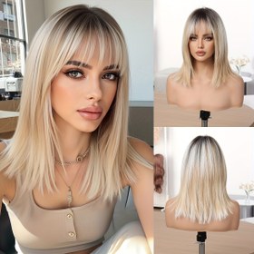 Resim Kadınlar İçin Şık Düz Bob Peruk - Kestane'den Sarıya Ombre, Isıya Dayanıklı Sentetik Saç, Parti ve Cosplay için Doğal Görünüm, Kısa Saçlı Tam Başlık, Rahat Kullanım Kapaklı 