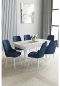Resim Zümra Serisi, Beyaz Mermer Desen 80x132 Açılabilir Mdf Mutfak Masası Takımı 6 Adet Sandalye, Lacivert 