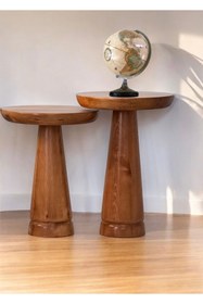 Resim AYLESA Ahşap 2’li Set Mantar Yan Sehpa Modern Açık Ceviz Fiskos Zigon Çiçeklik 