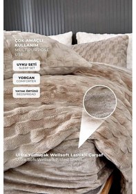 Resim Kürk Yatak Örtüsü Yorgan Uyku Seti Tek Kişilik Çarşaflı Peluş Yumuşak Dolgulu Rody 3 Parça Bej 