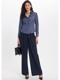 Resim Tudors Kadın Slim Fit Dar Kesim Uzun Kollu Çizgili Lacivert Gömlek-50322 
