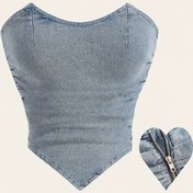 Resim Yüksek Elastik Hem Kadın Denim Strapless Üst, Kıvrımlı, Uyumlu ve Şık. 