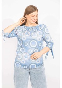Resim Kadın Mavi Büyük Beden Yaka Lastikli Kol Bağcıklı Bluz 65n35665 Mavi 