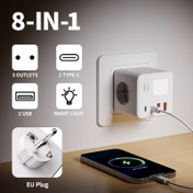 Resim Ev, Ofis ve Seyahat için Uygun, Beyaz ve Siyah Renk Seçenekleriyle 3 Çıkışlı & 2 USB Portlu & 2 Type-C'li Ayarlanabilir Gece Işığına Sahip 8'i 1 Arada Avrupalı Priz 