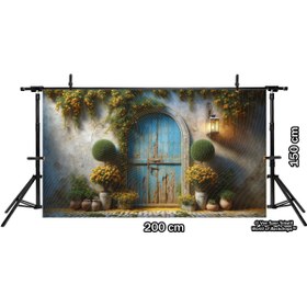 Resim Venspor Rustik Mavi Kapı ve Çiçeklerle Süslü Bahçe Temalı Arkaplan 200x150cm Fon Duvar Örtüsü 