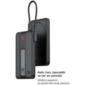 Resim 5000mah 20w Hızlı Şarj Dijital Gösterge Kablosuz Magsafe Powerbank Type-c Kablolu/girişli Standlı siyah 