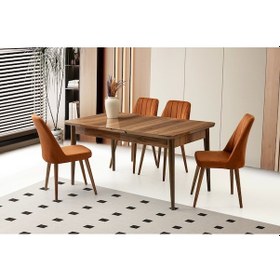 Resim Kelebek Hazar Ahşap Salon Yemek Masa Sandalye Takımı 4 Sandalyeli Ortadan Açılır Büyüyen 60x100cm Ce Ceviz-turuncu 