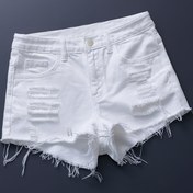 Resim Kadınların şık yüksek bel beyaz denim Bermuda şortları - Esnek fit, yırtık detaylar, düz paça, bahar/yaz rahat giyim, rahat giyim|Yıpranmış denim şortlar|Elastik bel bandı 