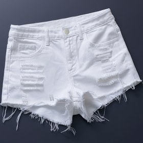 Resim Kadınların şık yüksek bel beyaz denim Bermuda şortları - Esnek fit, yırtık detaylar, düz paça, bahar/yaz rahat giyim, rahat giyim|Yıpranmış denim şortlar|Elastik bel bandı 