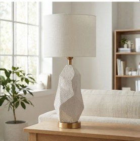 Resim Elyon Taş Dokulu Krem Gövde Beyaz Başlık Dekoratif Abajur Krem 