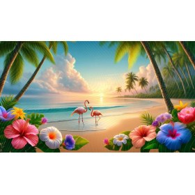 Resim Venspor Tropikal Flamingo ve Çiçeklerle Süslenmiş Plaj Arka Planı 200 x 150 cm Fon Duvar Örtüsü 