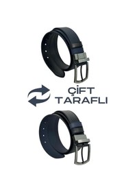 Resim Süzer Deri Lacivert / Siyah Çift Taraflı Suni Deri 4 Cm. Genişlik Dönerli Tokalı Spor Erkek Kemer // 7110-47 Lacivert 