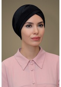 Resim Hürrem Bone Siyah Pratik Hazır Geçmeli Tesettür Bone Fukuro Piliseli Tek Bant Siyah 