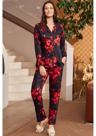 Resim Mecit Pijama Mecit 5922 Bayan Çiçek Desenli Boydan Düğmeli Pijama Takımı 001 