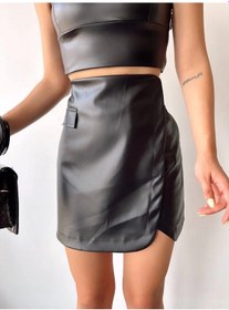 Resim Biçomi Cep Detaylı Oval Kapaklı Deri Etek Siyah H240048 Siyah 