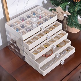 Resim 5 Katlı Glam Stil Sekizgen Mücevher Organizerı, Büyük Kapasiteli Plastik Depolama Kutusu, Kumaş Kaplı Çekmeceli, Masaüstü Gösterim Kutusu, Küpeler, Yüzükler ve Aksesuarlar için, Elektrik Gerektirmez, Mücevher Kutuları 