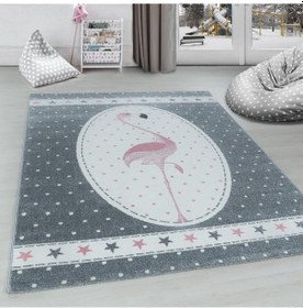 Resim Flamingo Yıldız Desenli Çocuk Odası Halısı Pembe Gri Beyaz Renkli Halı Gri - Pembe 