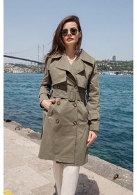 Resim Pastelastore %100 Pamuk Gabardin Midi 95cm Astarlı Kemerli Kadın Trençkot 1113 Haki 
