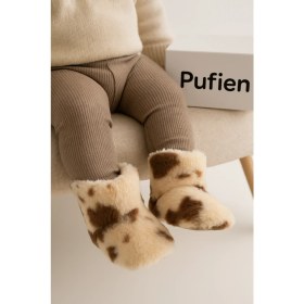 Resim Çocuk ve Bebek Wellsoft Ev Botu, Inek Desenli Panduf, Kışlık Peluş Patik Bot 