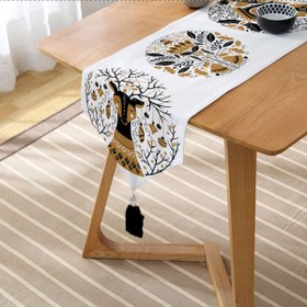 Resim Çini Çizimli Guguklu Saat Motifli Dijital Baskılı Dekoratif Püsküllü Şönil Üçgen Runner 