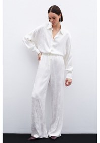 Resim Sateen Jakarlı Saten Pantolon - Ekru-136050 Ekru 