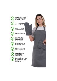 Resim Simple 3lü Set Ayar Askılı Mutfak Önlüğü Seti Eldiven, Tutacak Füme 