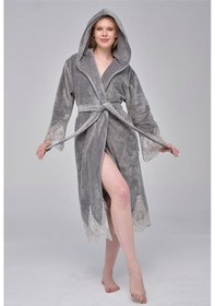 Resim Dantelli Zarif Şık Bambu Pamuk Bornoz Gri 