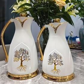 Resim Şık Çift Cidarlı Altın Yaşam Ağacı Desenli Kahve Termosu - Beyaz ve Altın Renkli Vakumlu Sıcak İçecek Kabı, Çay ve Kahve Servisi için Mükemmel | Zarif Sunum Parçası | Kulplu Ağızlık 