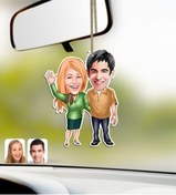 Resim Bk Gift Kişiye Özel Sevgililer Karikatürlü Ahşap Araba Dikiz Ayna Süsü-110 