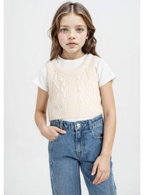 Resim DeFacto Kız Çocuk Örgü Desenli Crop Triko Süveter C6931A824AUER233 Ekru 