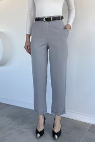 Resim Kadın Kemerli Duble Paça Pantolon Gri TZL-P-00020730 